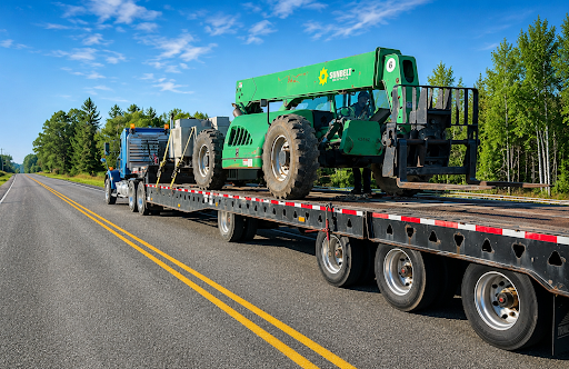 Lowboy trailer transporting heavy construction equipment